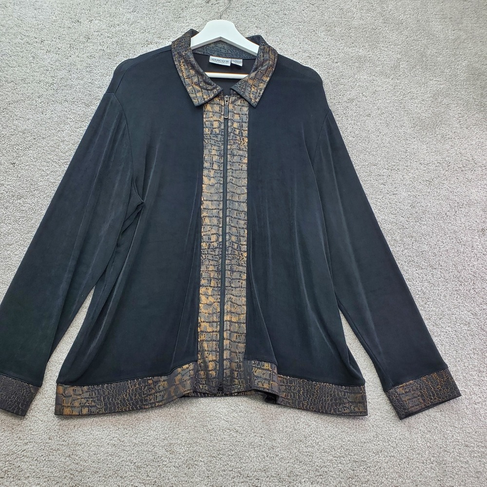 Chicos Travelers Zip Jacket Womens XL Sz 3 Black Bronze Croc Animal Trim Slinky